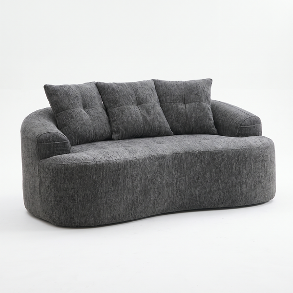 Canapé 2 places arrondi en chenille avec 3 coussins, livré compressé
