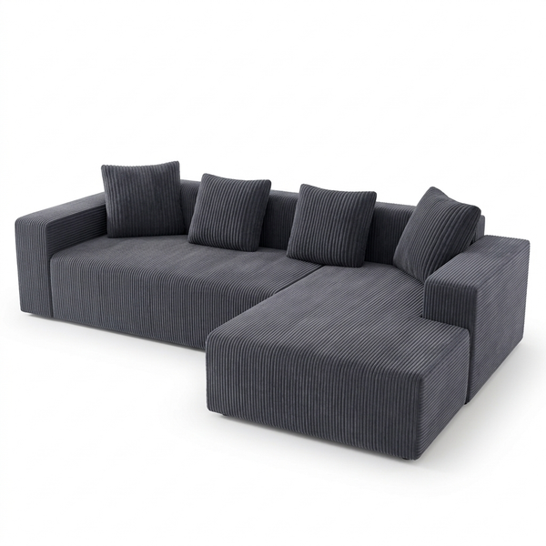 Canapé d'angle modulable en velours côtelé gris anthracite avec méridienne, livré compressé
