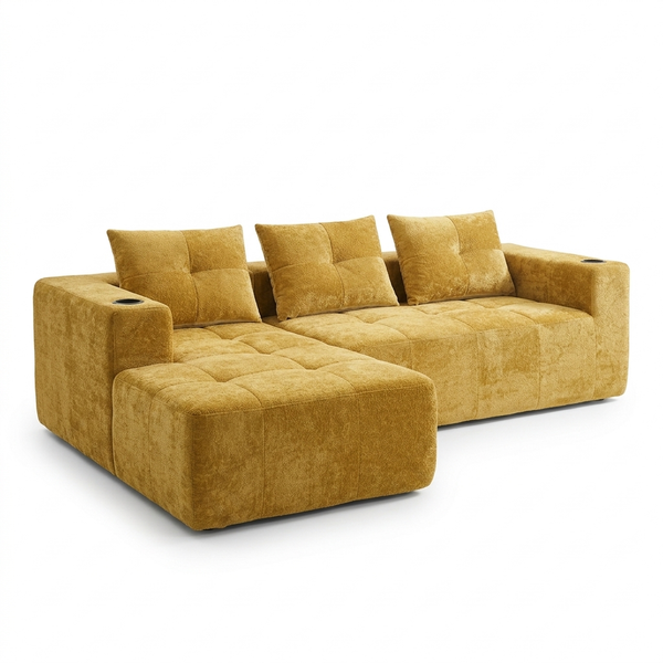 Canapé d'angle 258 cm en tissu jaune moutarde avec 3 coussins, livré compressé