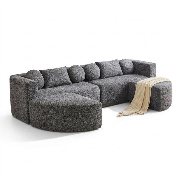 Canapé panoramique modulable convertible en chenille grise, 292 × 165 cm, livré compressé