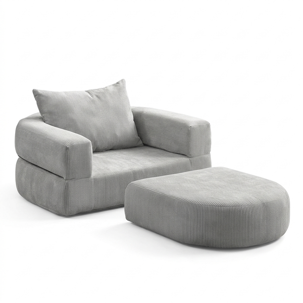 Fauteuil convertible en velours côtelé gris clair avec pouf, livré compressé
