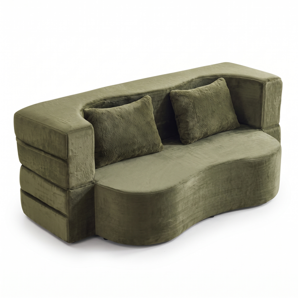 Canapé-lit 2 places incurvé en velours vert olive, futon pliable, livré compressé