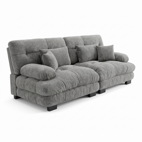 Canapé nuage 220 cm en chenille, structure bois massif, avec coussins