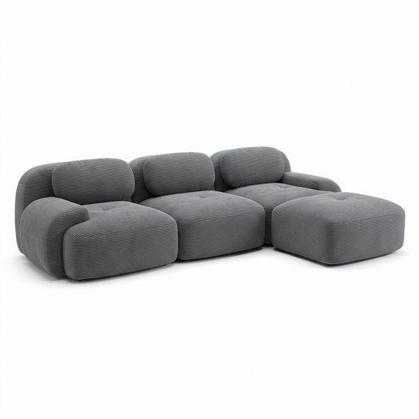 Canapé d'angle modulable en velours côtelé avec méridienne et accoudoirs larges, sans montage